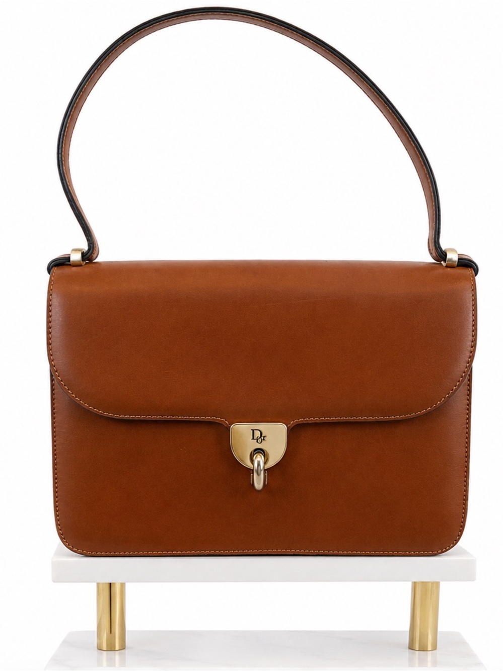 Vintage Christian Dior Brown Leather Top Handle Shoulder Bag CD Turn Lock Purse